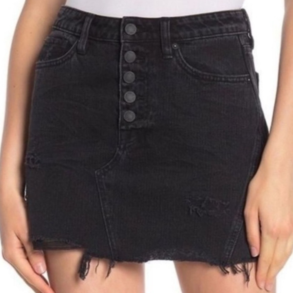 We The Free Free People Black Distressed Denim Mini Skirt Button Fly Size 27‎